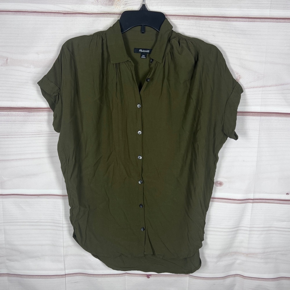 Madewell Shirt Womens XXS Green Drapey Short Sleeve Button Up Crepe Top Utility